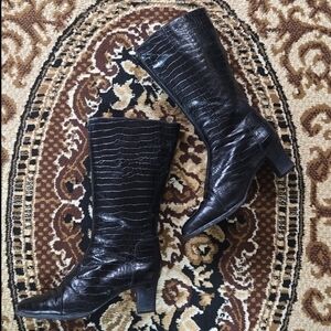 Vintage Black Shiny Leather Gogo Boots With Zipper Retro Van Dal Lizard Pattern